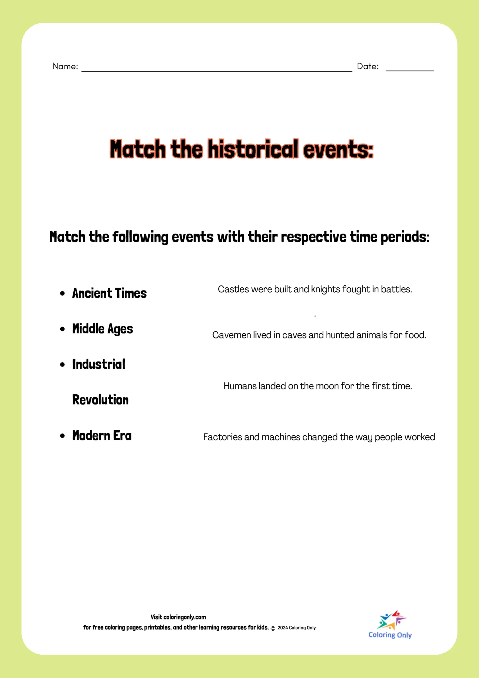 Match the historical events Free Printable Worksheet