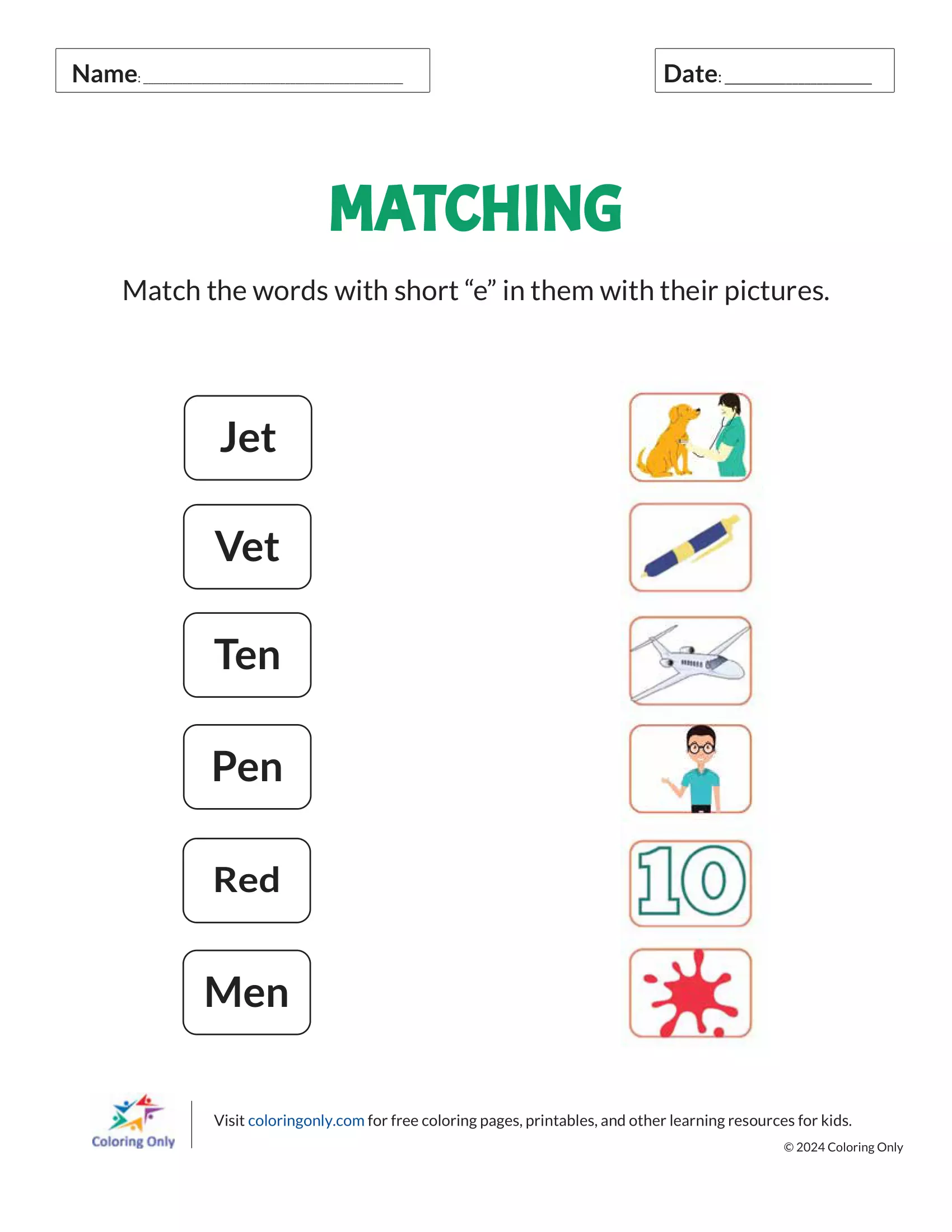 MATCHING Free Printable Worksheet