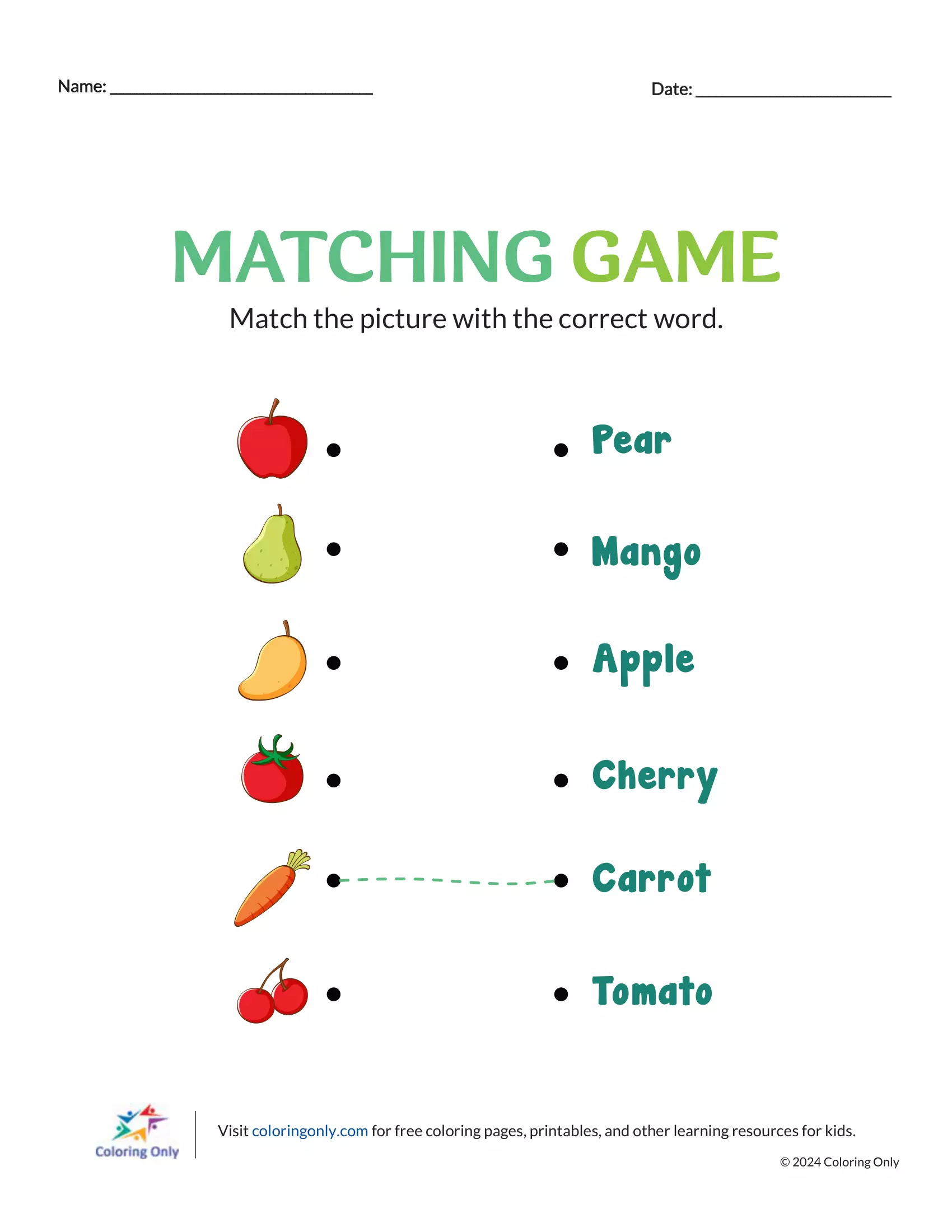 Matching Game Free Printable Worksheet