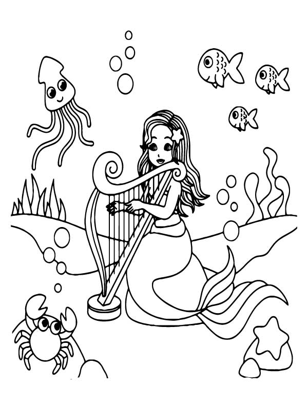Mermaid Playing Harp with Sea Animals Coloring Page - Free Printable ...