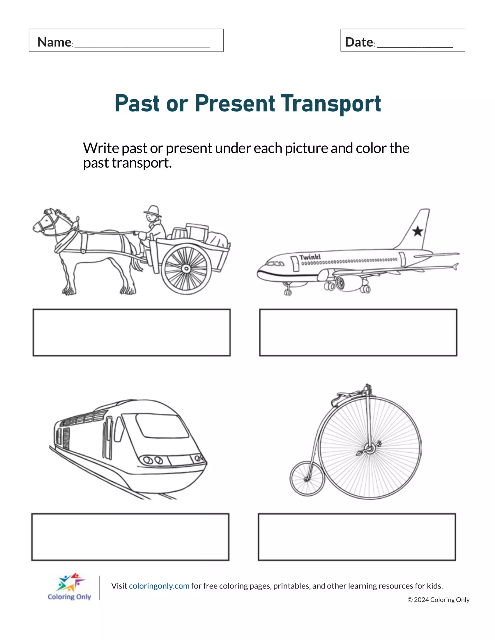 Past or Present Transport Free Printable Worksheet - Coloring Pages