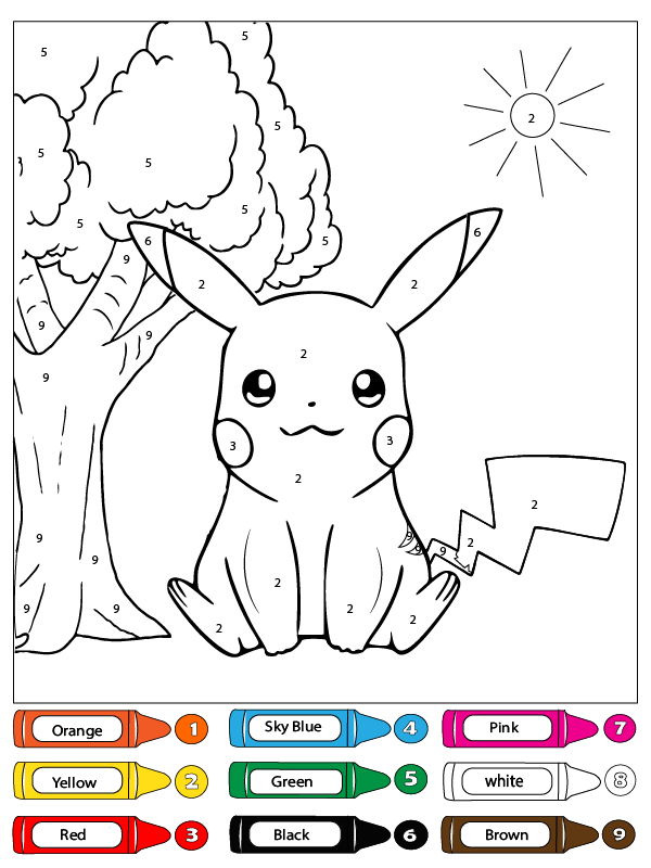 Desenhos de Pikachu Color by Number para colorir