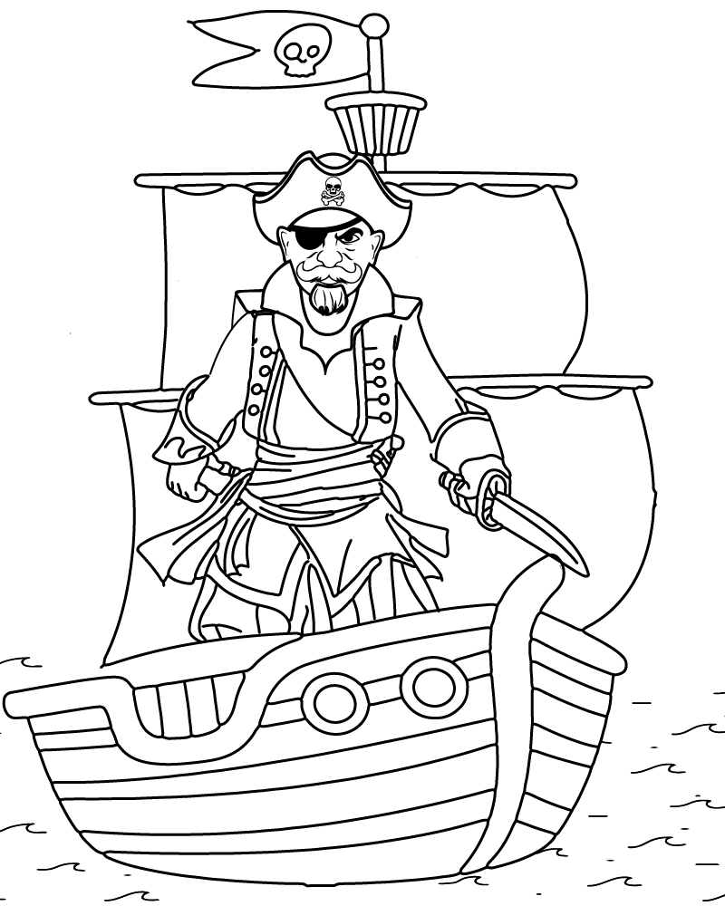 Pirate Ship with Chest and Skull Flag Coloring Sheet