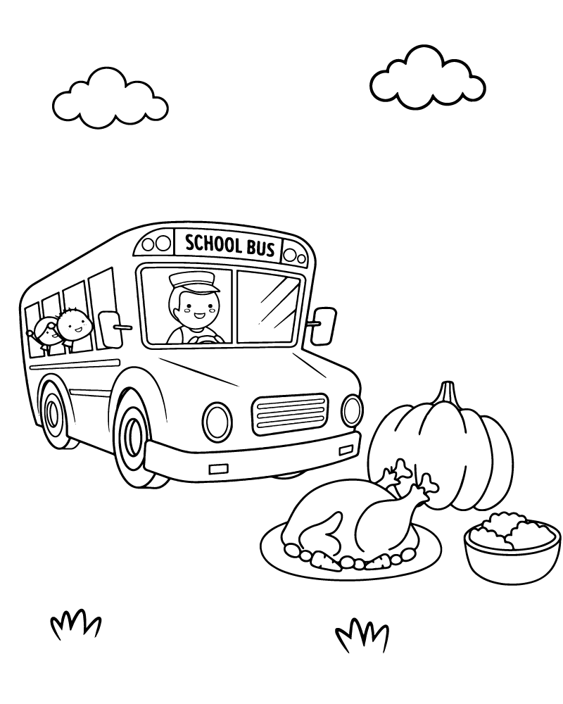 Preschool Thanksgiving with School Bus Coloring Page