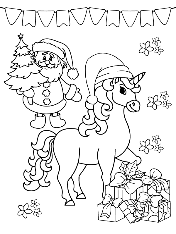 Christmas Unicorn Coloring Page