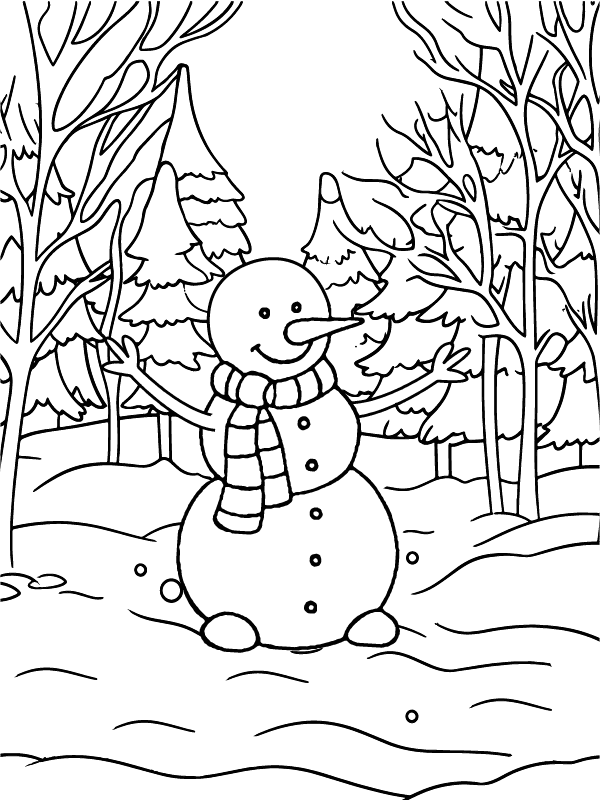 Snowman in Forest Coloring Page - Free Printable Coloring Pages for Kids