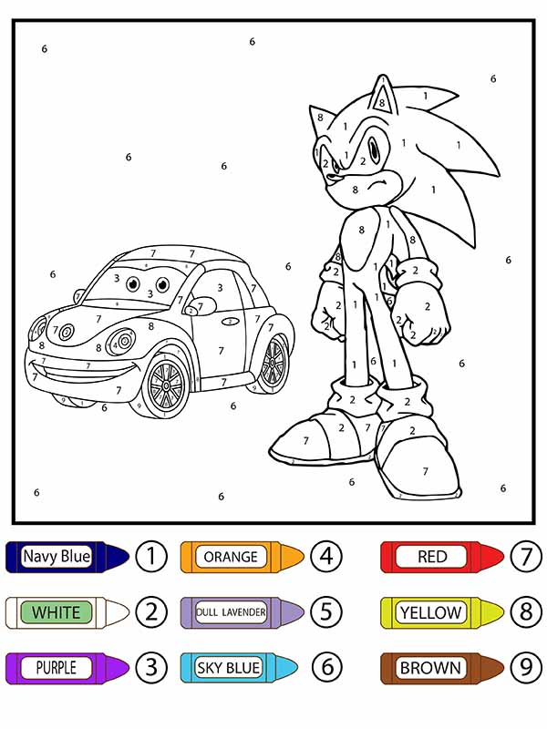 Sonic with Racing Car Color by Number Coloring Page - Free Printable