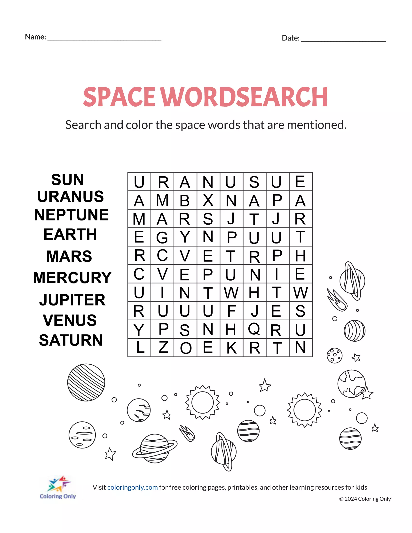 SPACE WORDSEARCH Free Printable Worksheet Coloring Page - Free ...