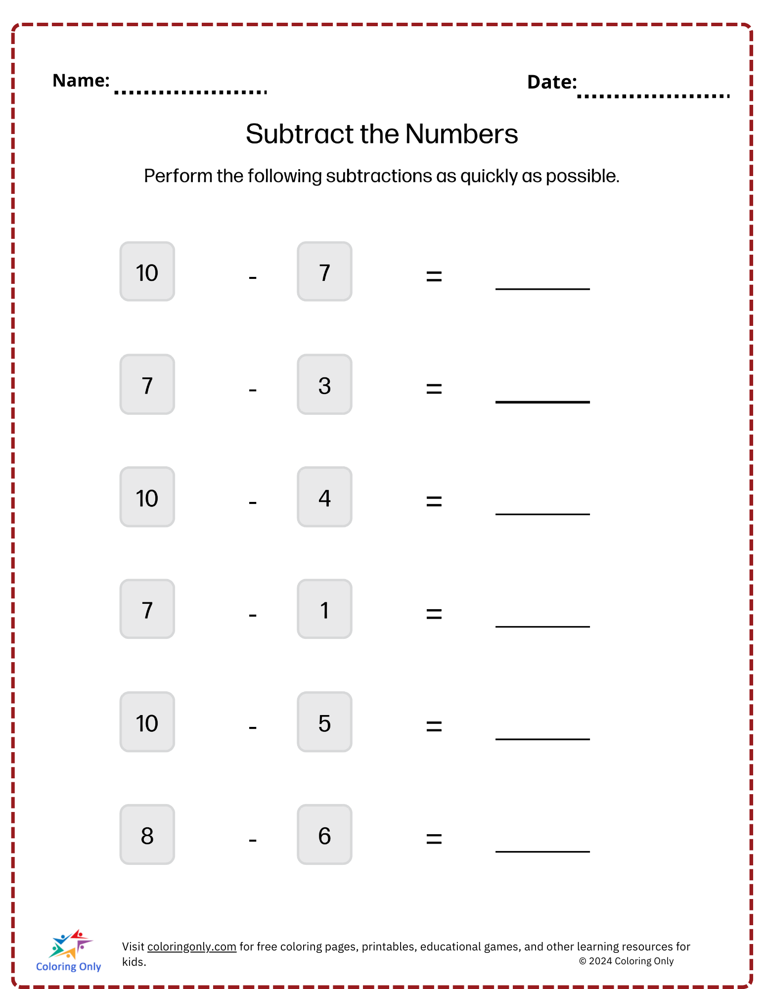 Subtract the Numbers free Printable Worksheet