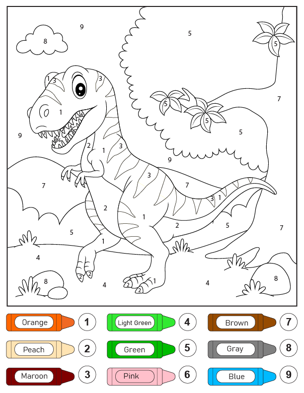 T-Rex Dinosaur Color by Number Coloring Page - Free Printable Coloring ...
