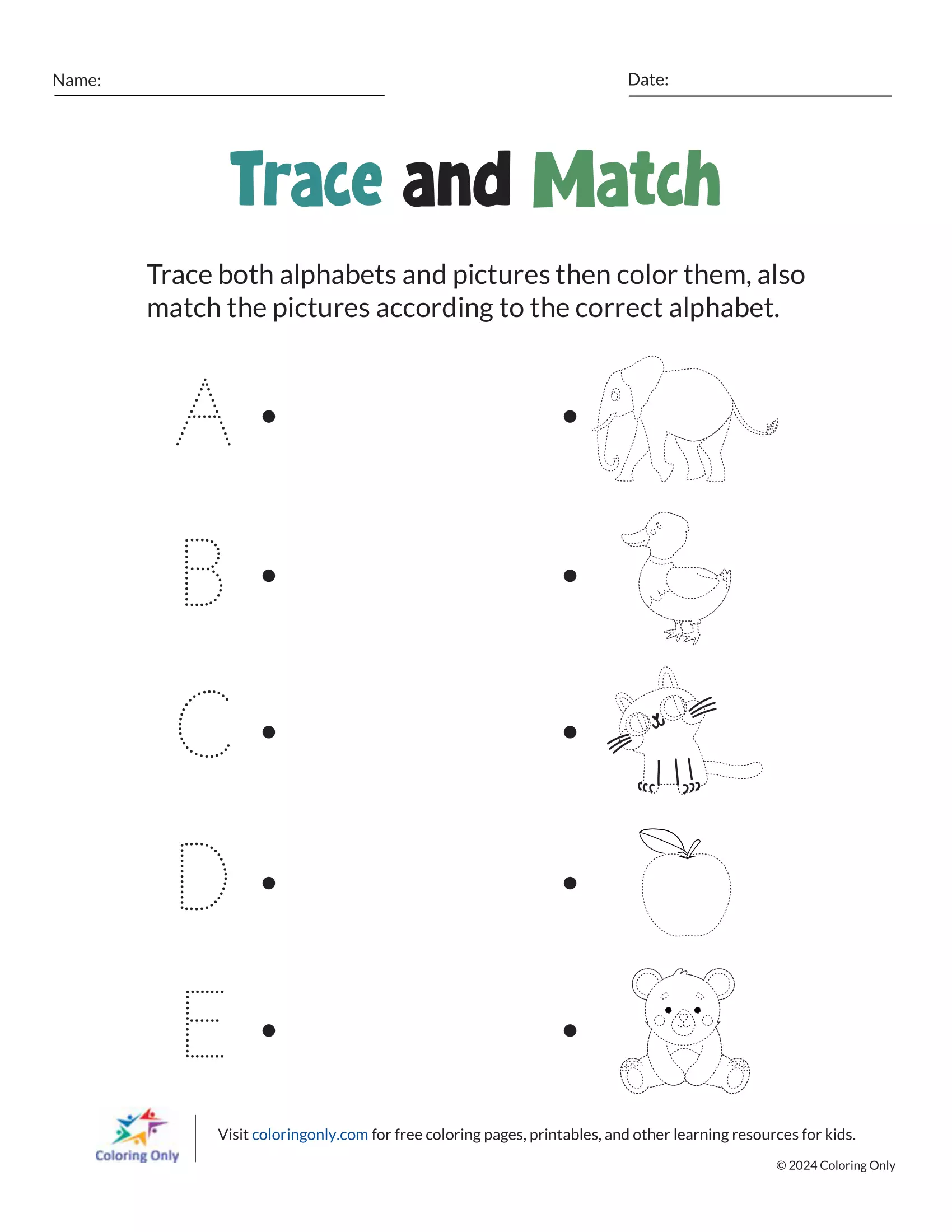 Trace and Match Free Printable Worksheet Coloring Page - Free Printable ...