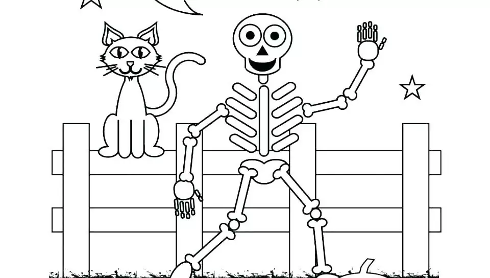 Katze und Skelett sagen Hallo