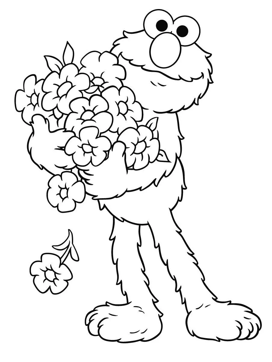 Elmo hält einen Blumenstrauß in der Hand