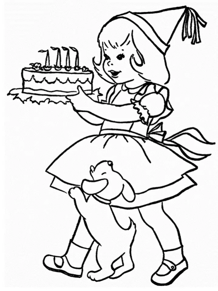 Kleines Mädchen mit Geburtstagskuchen und Welpe