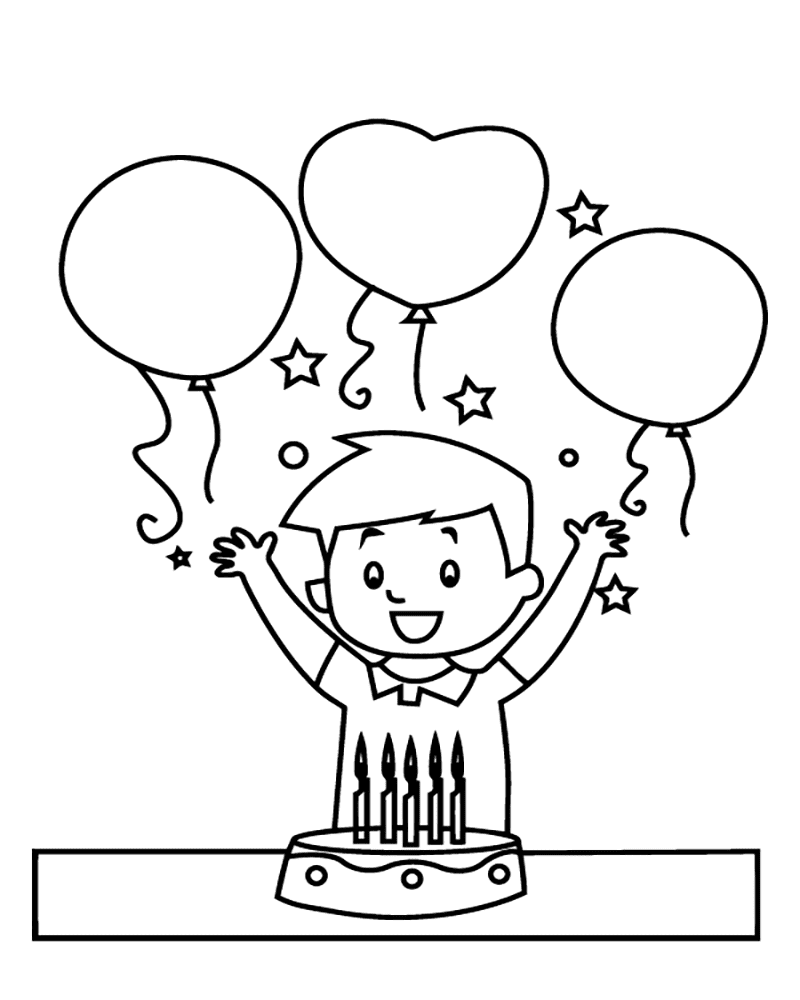 A boy rejoices with happy birthday cake and balloons