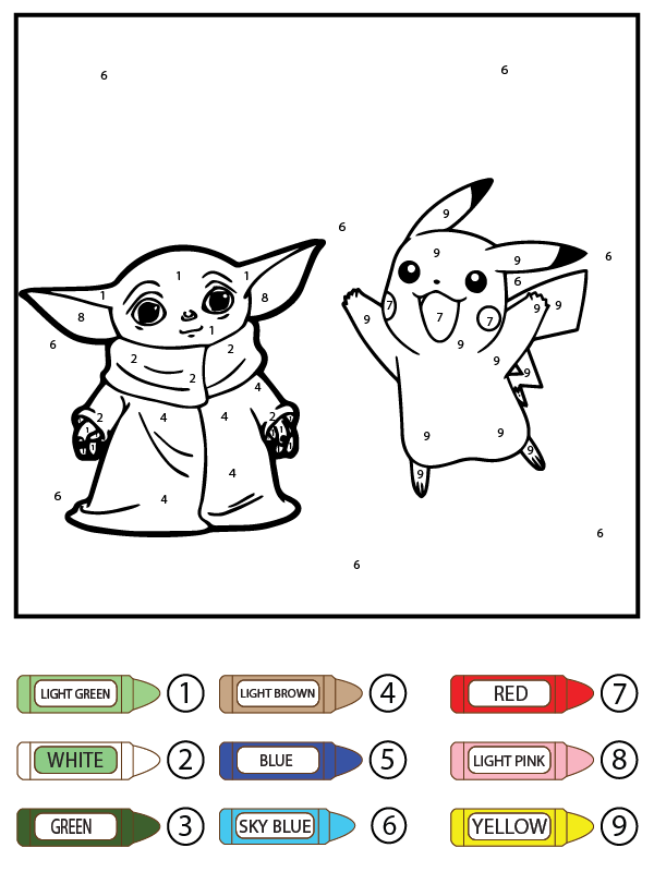 Baby Yoda and Pikachu Color by Number