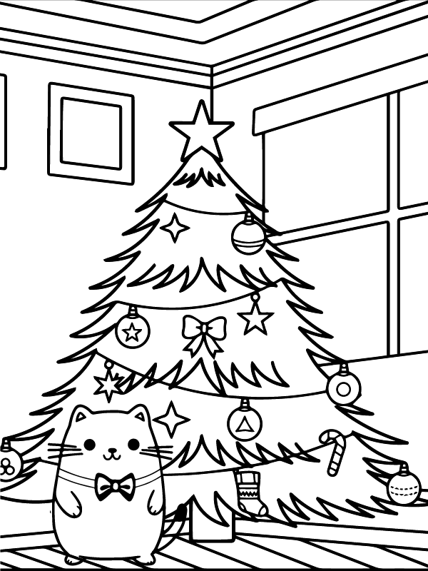 Großer Weihnachtsbaum und niedliche Pusheen