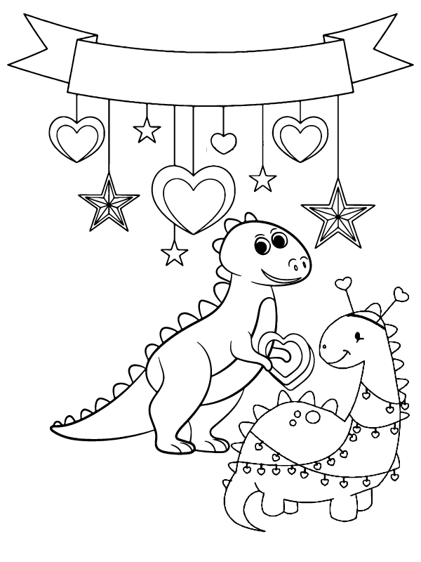 Coloring Sheet of Simple Dinosaurs in Valentines