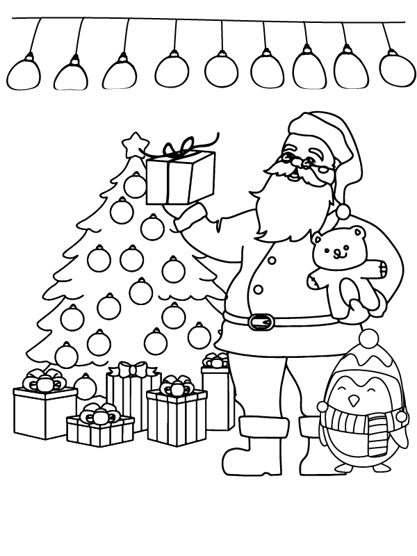Enjoyable Simple Christmas Tree and Santa Coloring Design