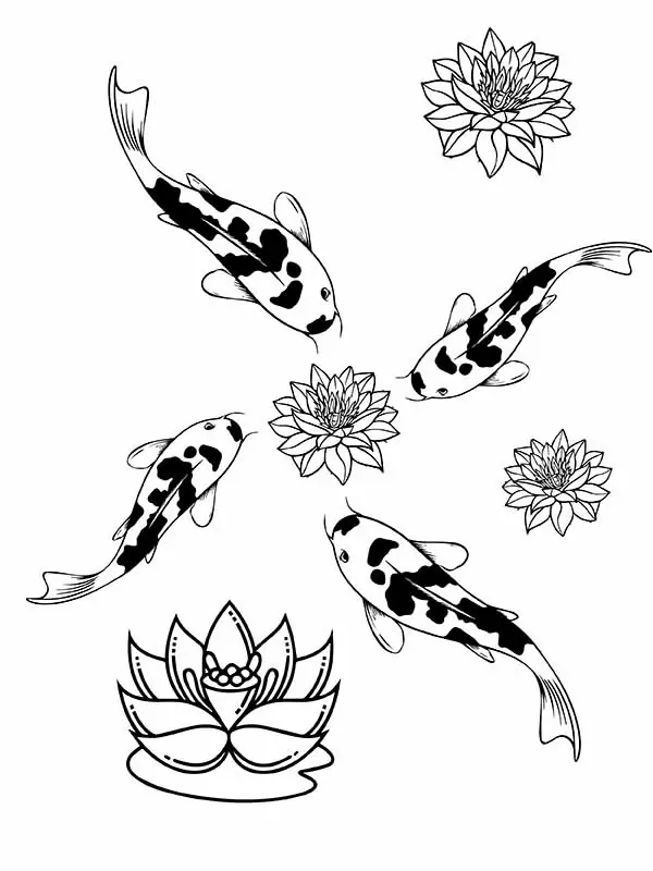 Four Koi Carp and Lotus Flower