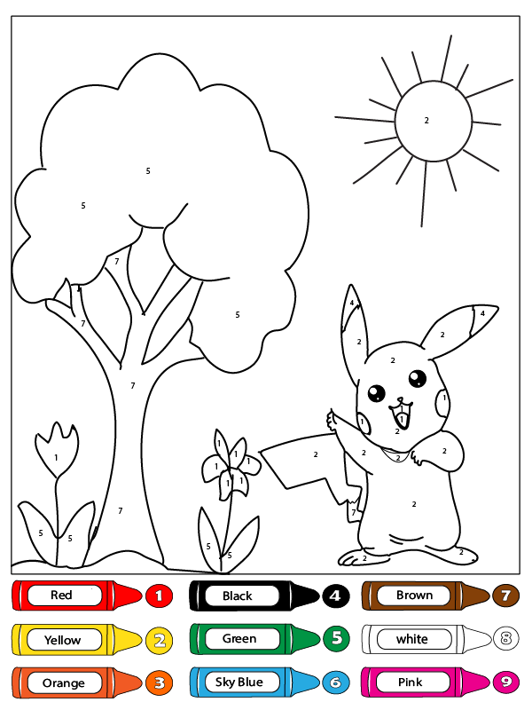 Happy Pikachu with Tree and Flower Color by Number