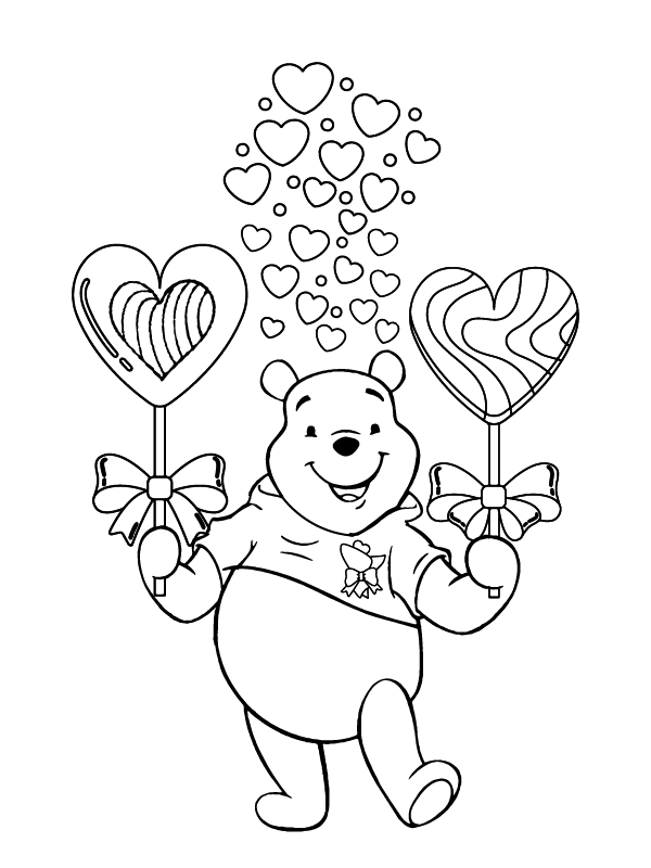 Happy Winnie the Pooh and Heart-Shaped Balloons