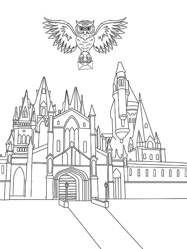 Hogwarts Castle and Owl Carrying a Message