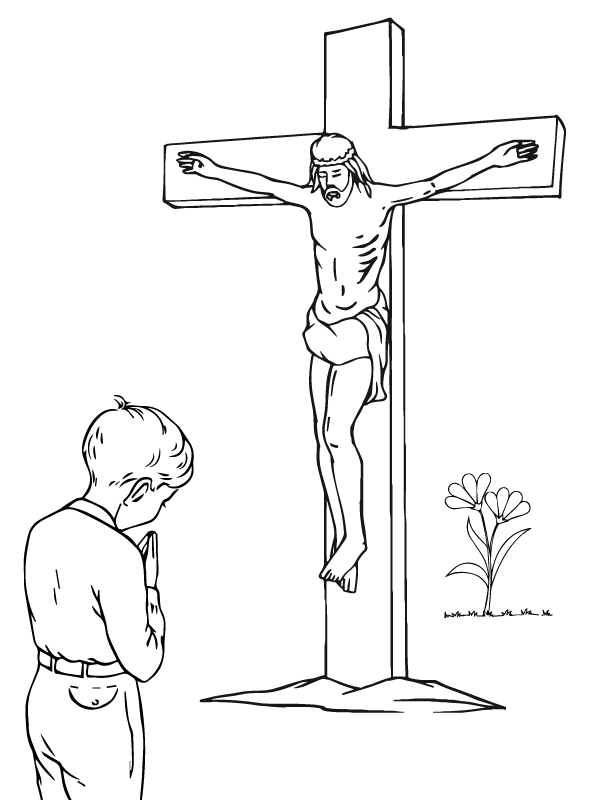 Jesus Christus am Kreuz und ein betender Junge