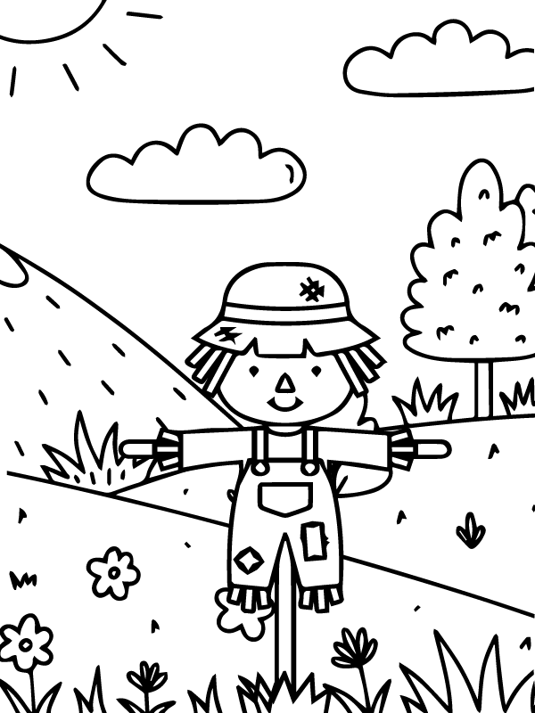 Little Scarecrow is standing in flower garden