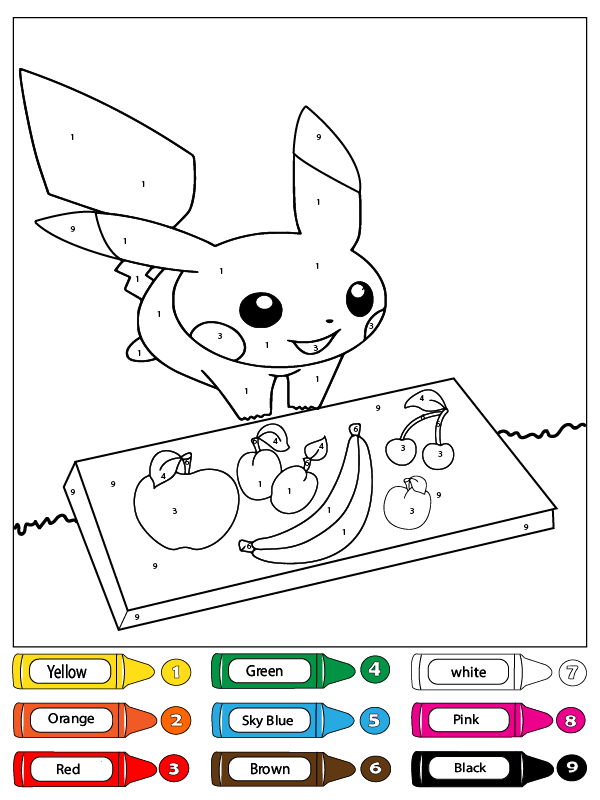 Pikachu and Fruits Color by Number