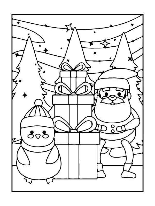 Santa Claus, Gift, and Snowman