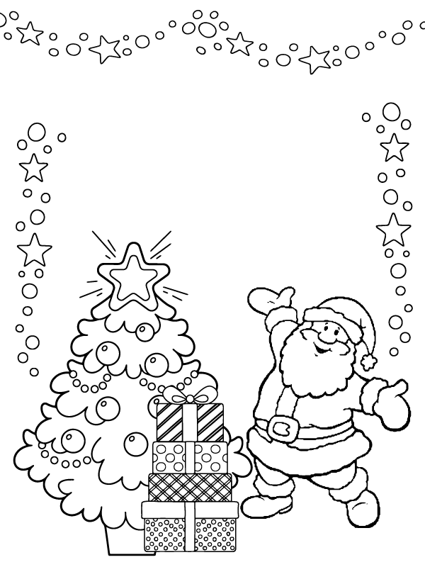 Einfaches Ausmalbild Weihnachtsbaum und Weihnachtsmann für Kinder