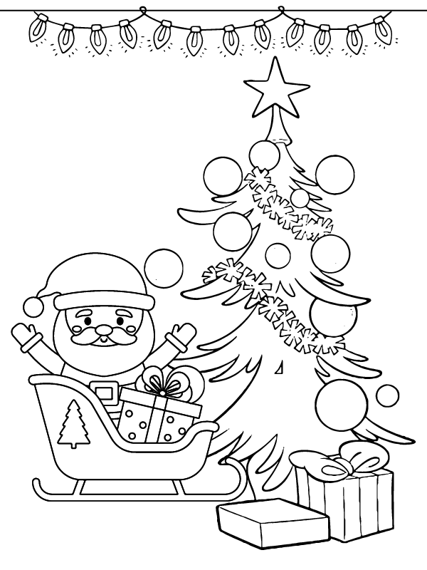 Simple Christmas Tree and Santa Coloring Printable