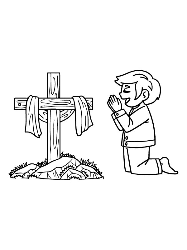 Small child standing in front of Christmas Cross praying with heart