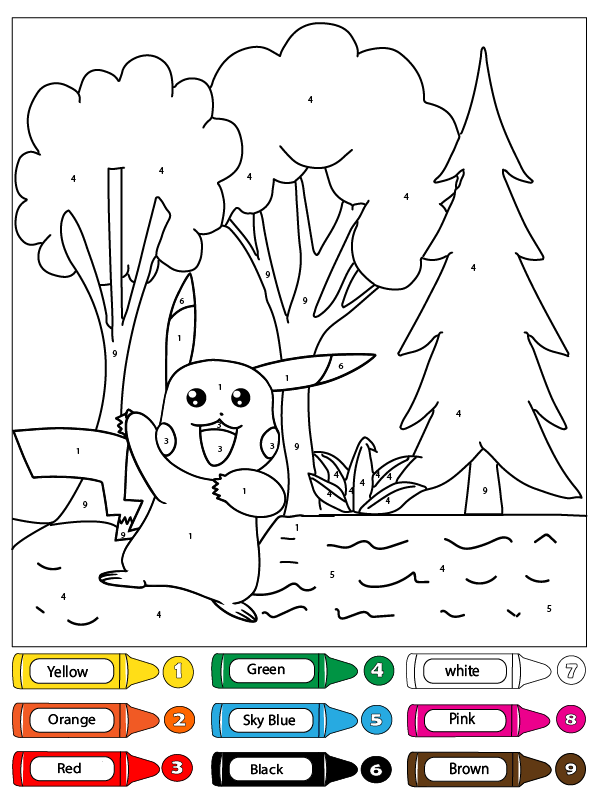 Smiling Pikachu in the Forest Color by Number