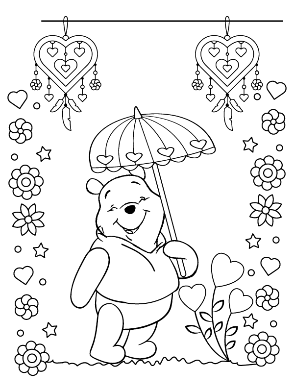 Smiling Winnie the Pooh Holding a Valentine Umbrella