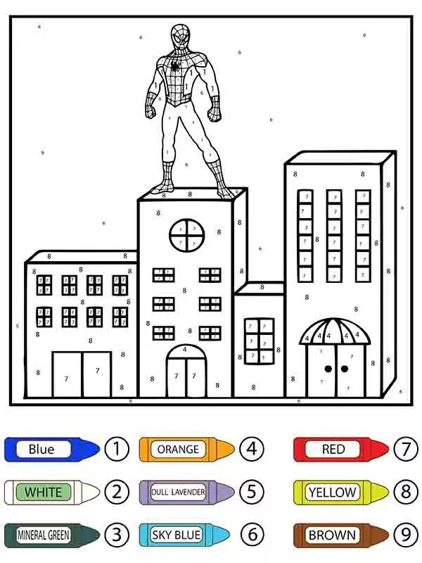 Spider-Man Standing on top of Building Color by Number