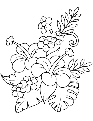 1527063860_bouquet-with-hibiscus-and-monstera-leaves-coloring-page