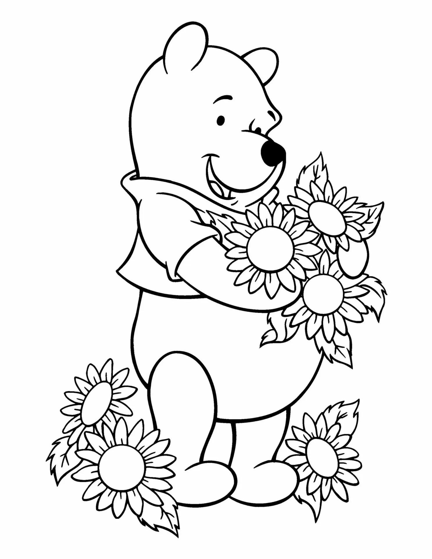 Pooh And Flowers - Coloring Pages