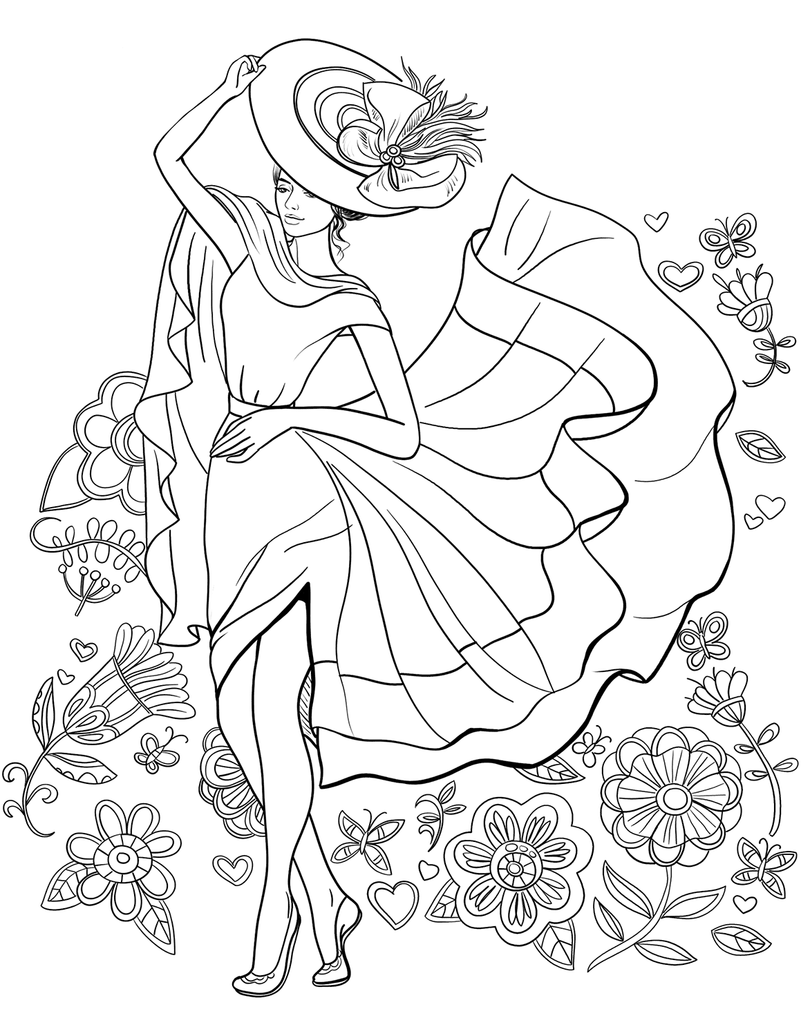 Beautiful Teenager Girl With Flowers - Coloring Pages