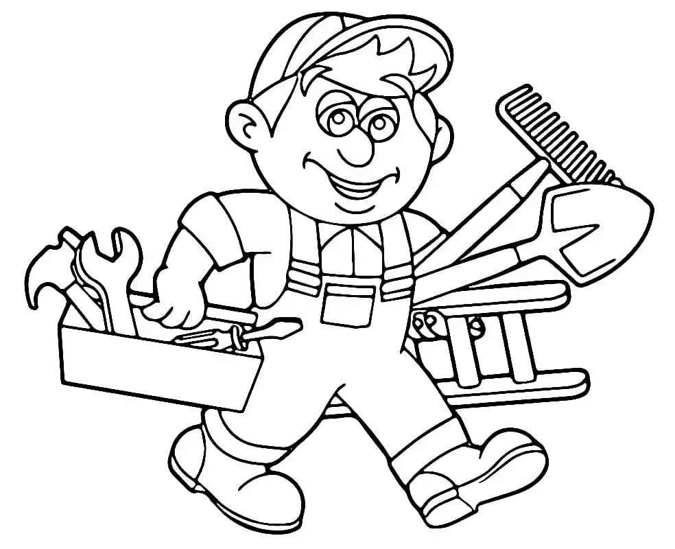 Carpenter and Tools Coloring Page - Free Printable Coloring Pages for Kids