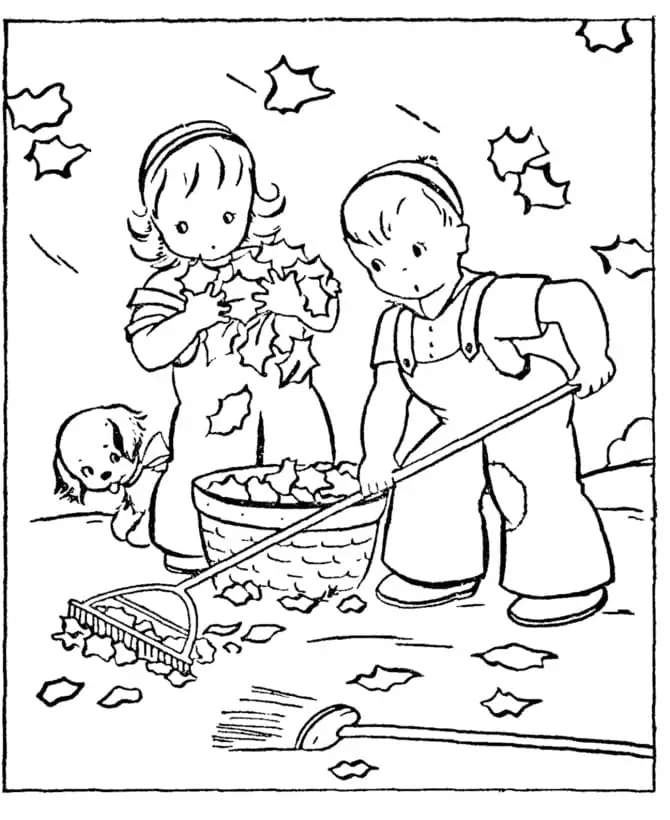 Children Gathering Falling Leaves