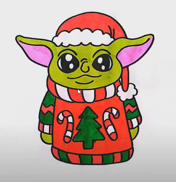 Colored Baby Yoda Christmas Coloring Page