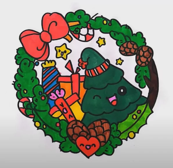 Colored Christmas Wreath Coloring Page