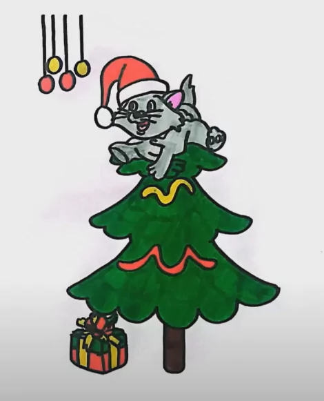 Colored Cute Cat Christmas Coloring Page