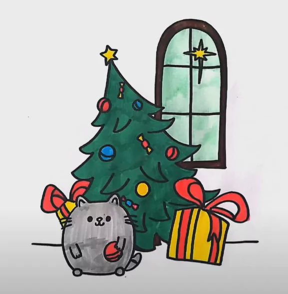 Colored Pusheen Christmas Coloring Page