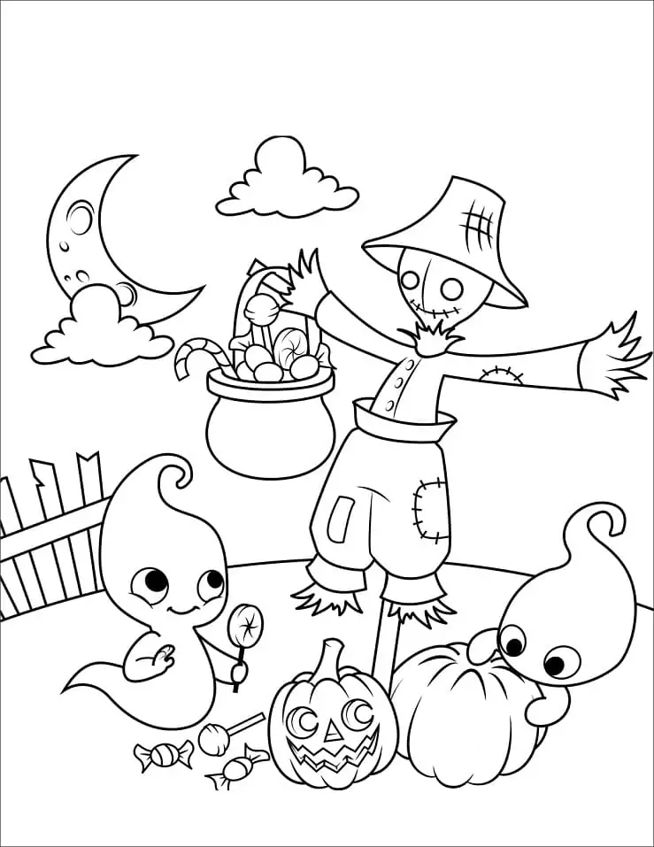 Cute Ghosts and Scarecrow