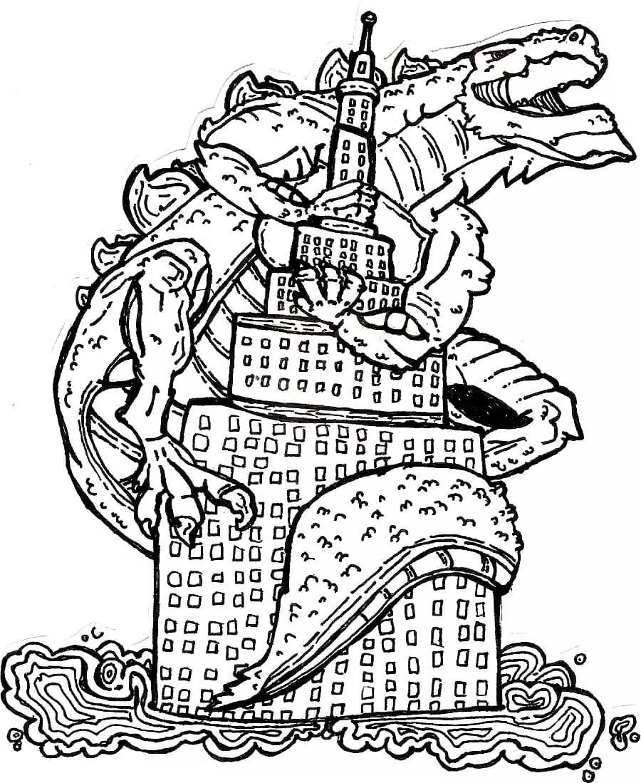 Godzilla on Roof coloring page