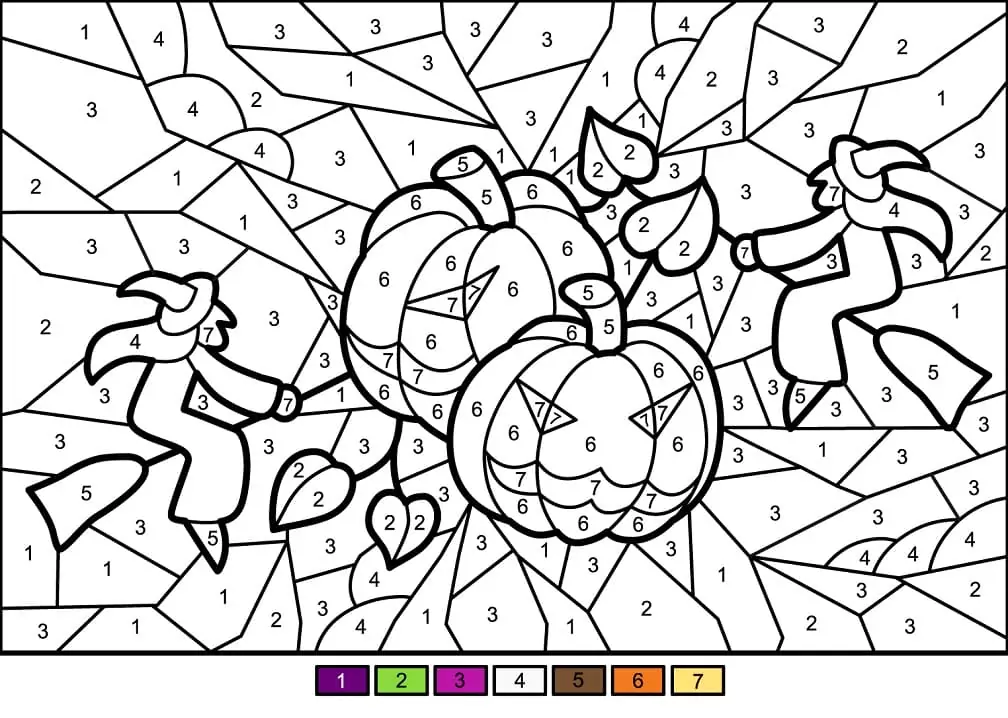 Halloween Pumkins and Witches Color by Number Coloring Page - Free ...
