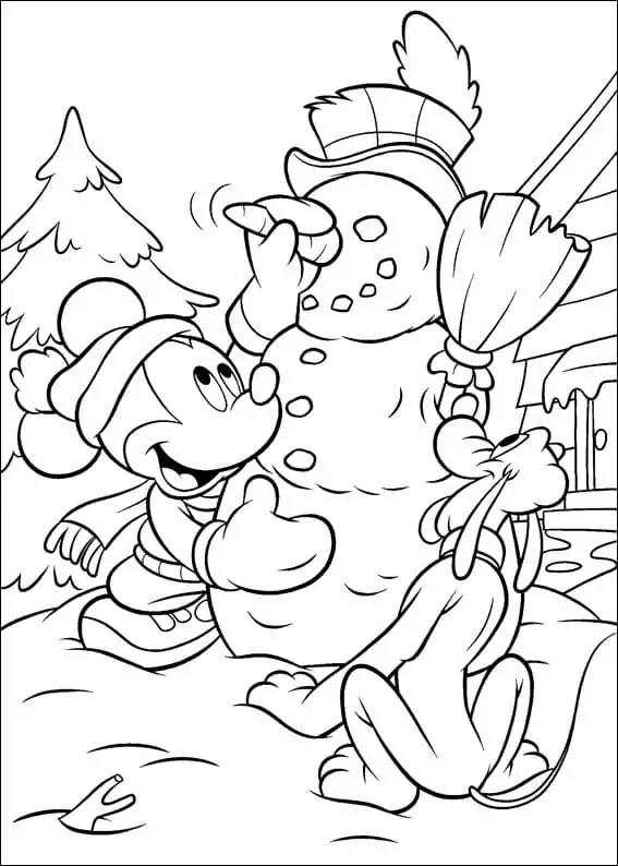 Mickey and Pluto Building Snowman